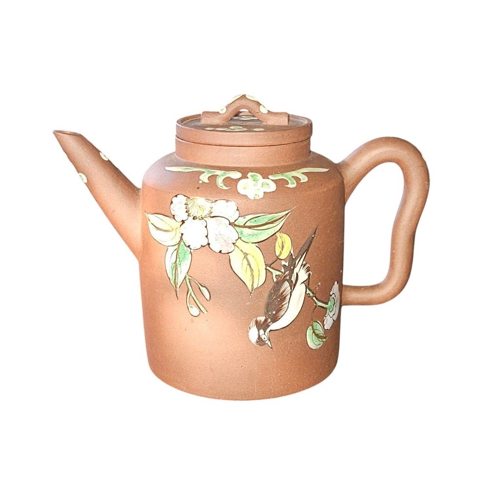 Antique Yixing Zisha Clay Teapot With Colorful Glaze Of flowers and bird, signed
